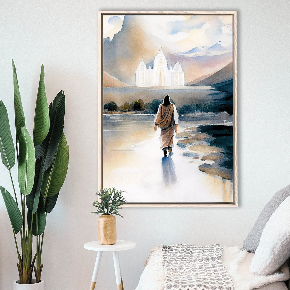 Christ Walking Towards Temple Watercolor, Framed Canvas Painting, Framed Canvas Prints Wall Art Decor