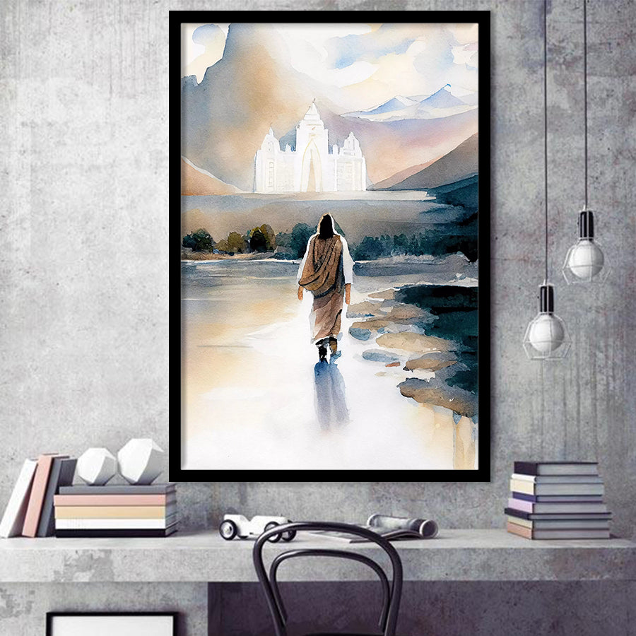 Christ Walking Towards Temple Watercolor, Framed Art Print Wall Decor, Framed Picture