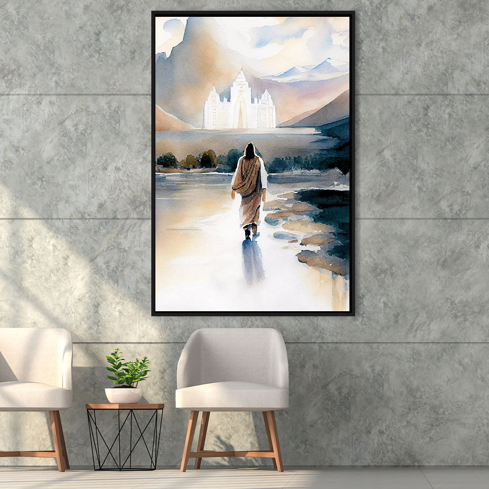 Christ Walking Towards Temple Watercolor, Framed Canvas Painting, Framed Canvas Prints Wall Art Decor