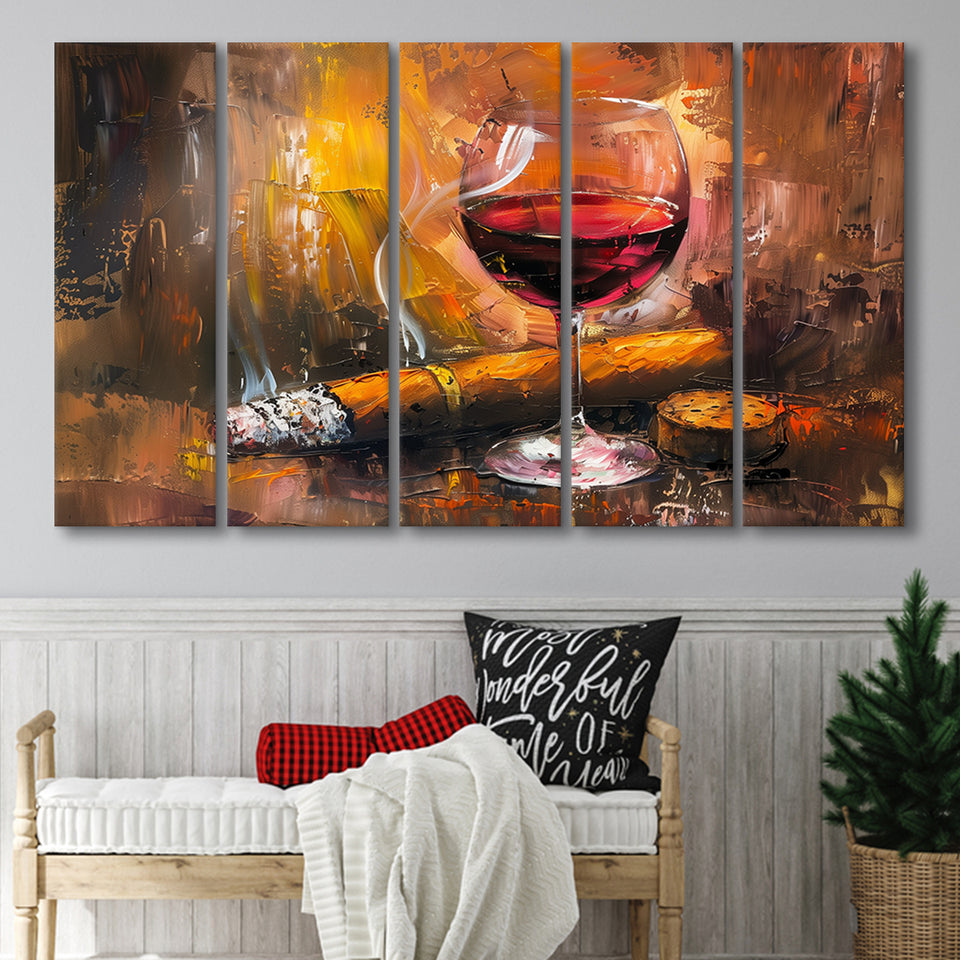 Cigar And Bourbon Oil Painting, 5 Panels Extra Large Canvas, Canvas Prints Wall Art Decor