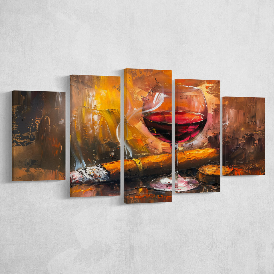 Cigar And Bourbon Oil Painting, 5 Panels Mixed Large Canvas, Canvas Prints Wall Art Decor