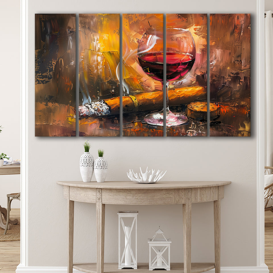 Cigar And Bourbon Oil Painting, 5 Panels Extra Large Canvas, Canvas Prints Wall Art Decor