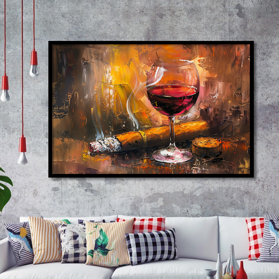 Cigar And Bourbon Oil Painting, Framed Art Print Wall Decor, Framed Picture