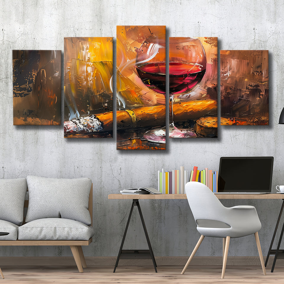 Cigar And Bourbon Oil Painting, 5 Panels Mixed Large Canvas, Canvas Prints Wall Art Decor