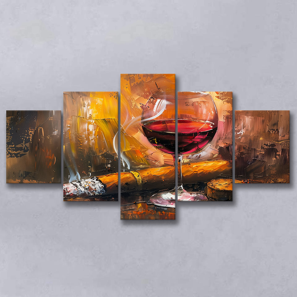 Cigar And Bourbon Oil Painting, 5 Panels Mixed Large Canvas, Canvas Prints Wall Art Decor