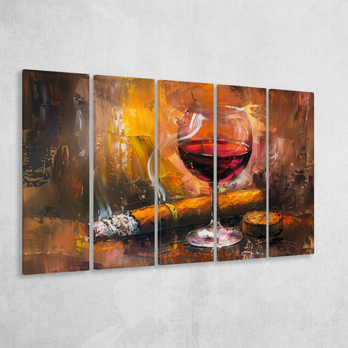 Cigar And Bourbon Oil Painting, 5 Panels Extra Large Canvas, Canvas Prints Wall Art Decor