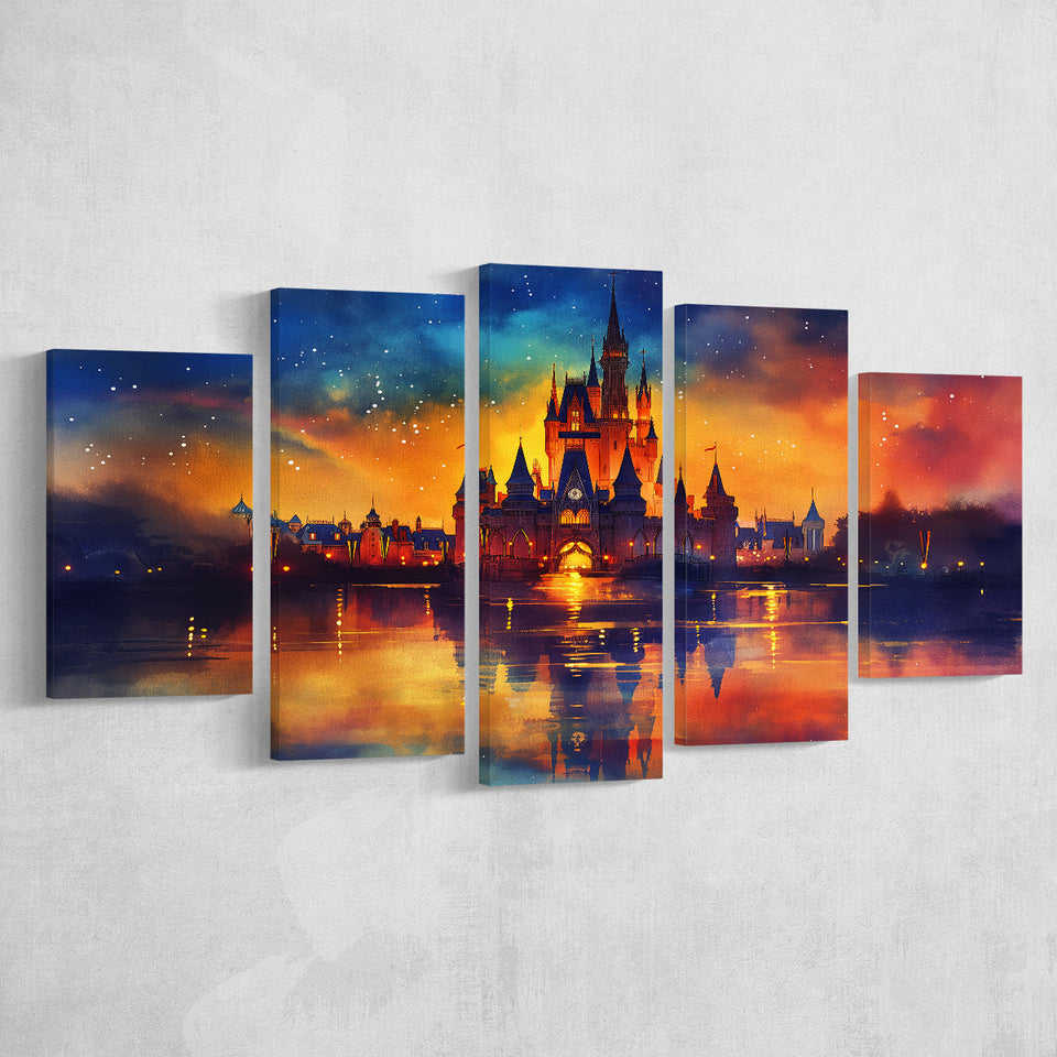 Cinderella Castle Mixed Color Watercolor, Multi Panel,Mixed Canvas Print Wall Art Decor