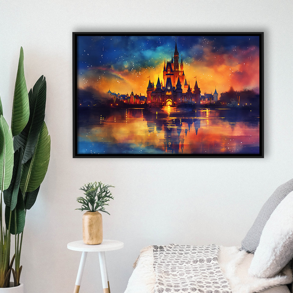 Cinderella Castle Mixed Color Watercolor, Floating Frame, Framed Canvas Print Wall Art Home Decor
