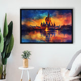 Cinderella Castle Mixed Color Watercolor, Floating Frame, Framed Canvas Print Wall Art Home Decor