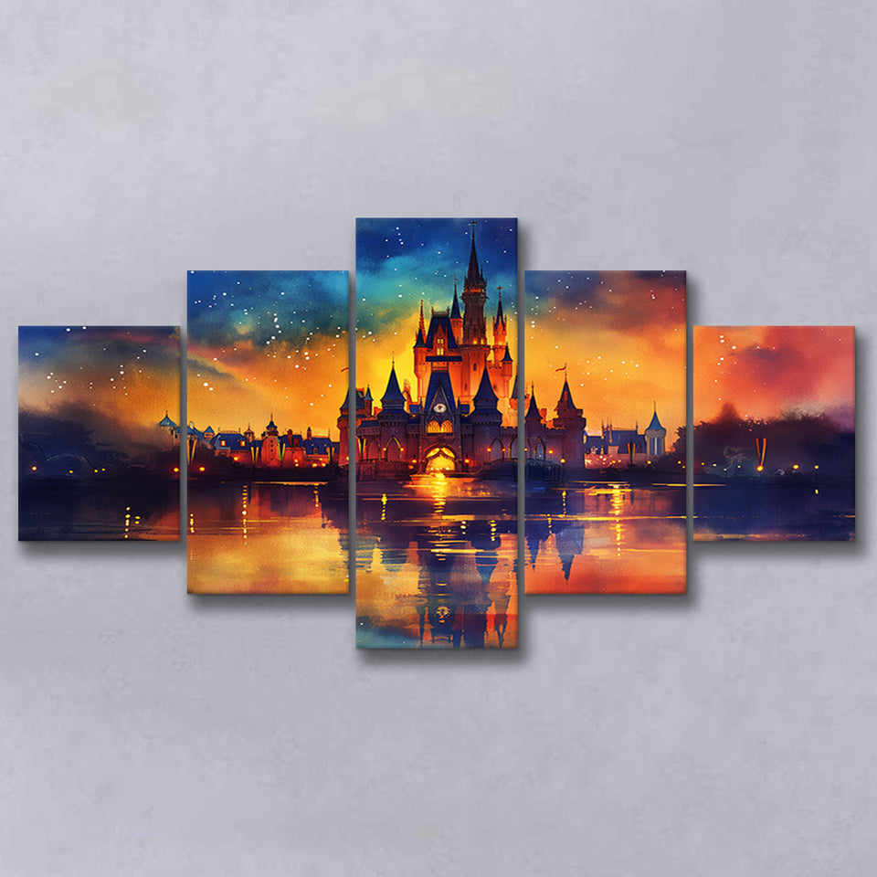 Cinderella Castle Mixed Color Watercolor, Multi Panel,Mixed Canvas Print Wall Art Decor