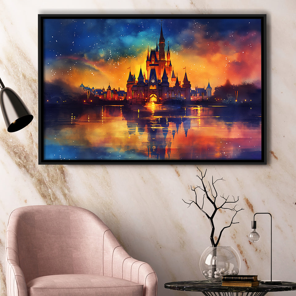 Cinderella Castle Mixed Color Watercolor, Floating Frame, Framed Canvas Print Wall Art Home Decor