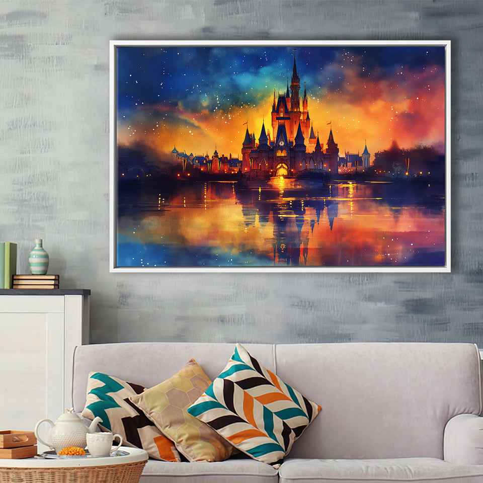 Cinderella Castle Mixed Color Watercolor, Floating Frame, Framed Canvas Print Wall Art Home Decor