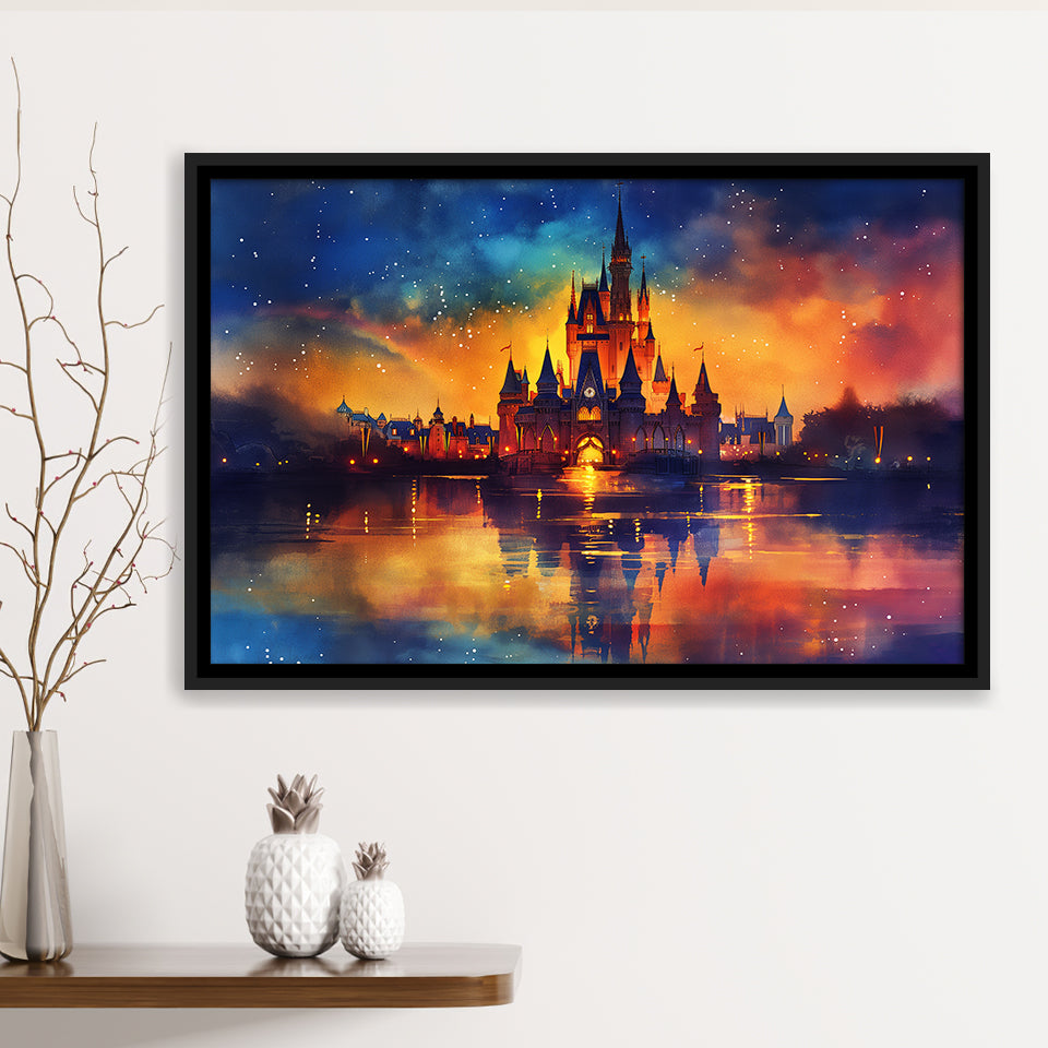 Cinderella Castle Mixed Color Watercolor, Floating Frame, Framed Canvas Print Wall Art Home Decor