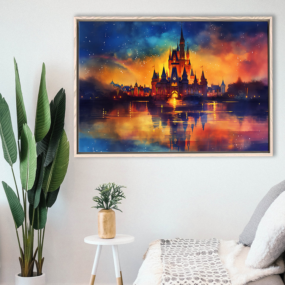 Cinderella Castle Mixed Color Watercolor, Floating Frame, Framed Canvas Print Wall Art Home Decor