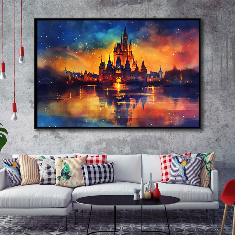 Cinderella Castle Mixed Color Watercolor, Floating Frame, Framed Canvas Print Wall Art Home Decor