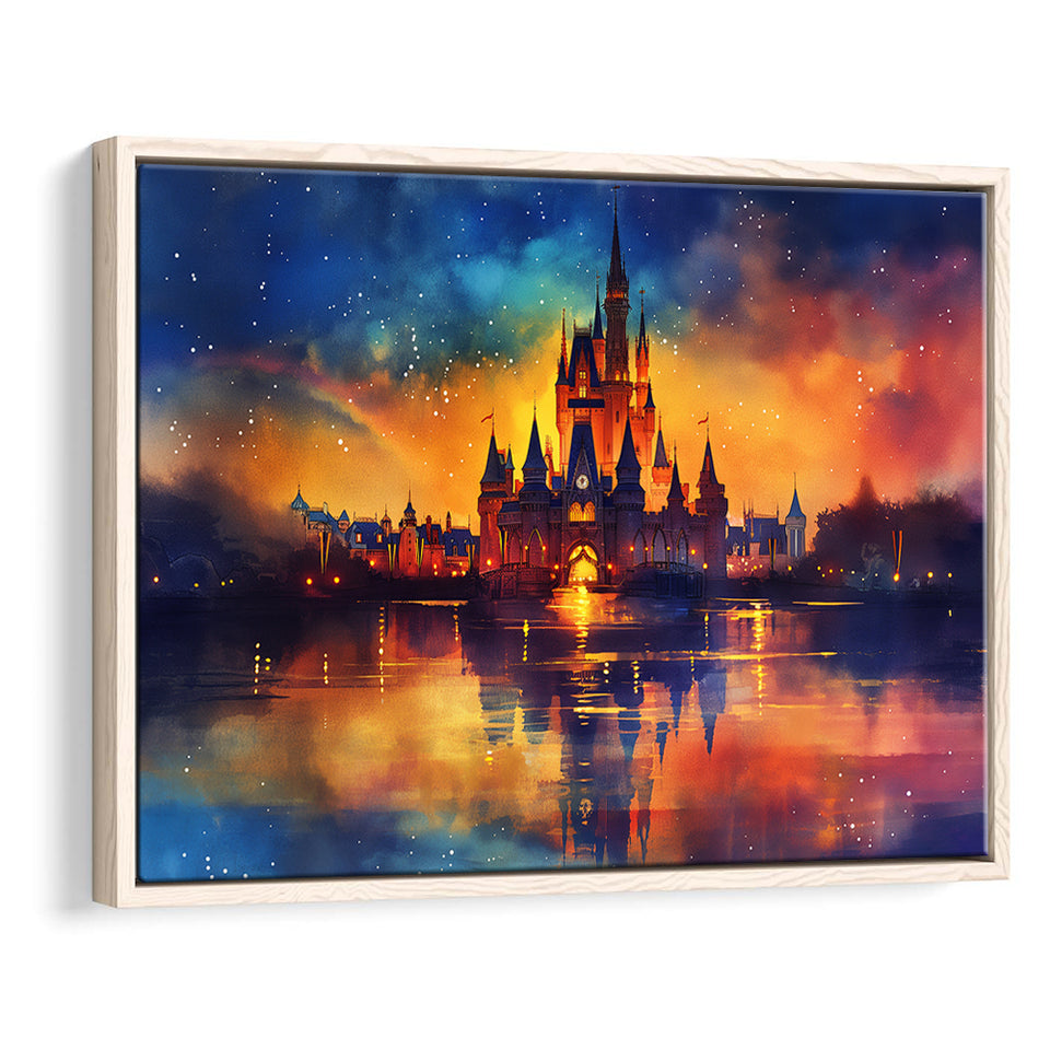 Cinderella Castle Mixed Color Watercolor, Floating Frame, Framed Canvas Print Wall Art Home Decor