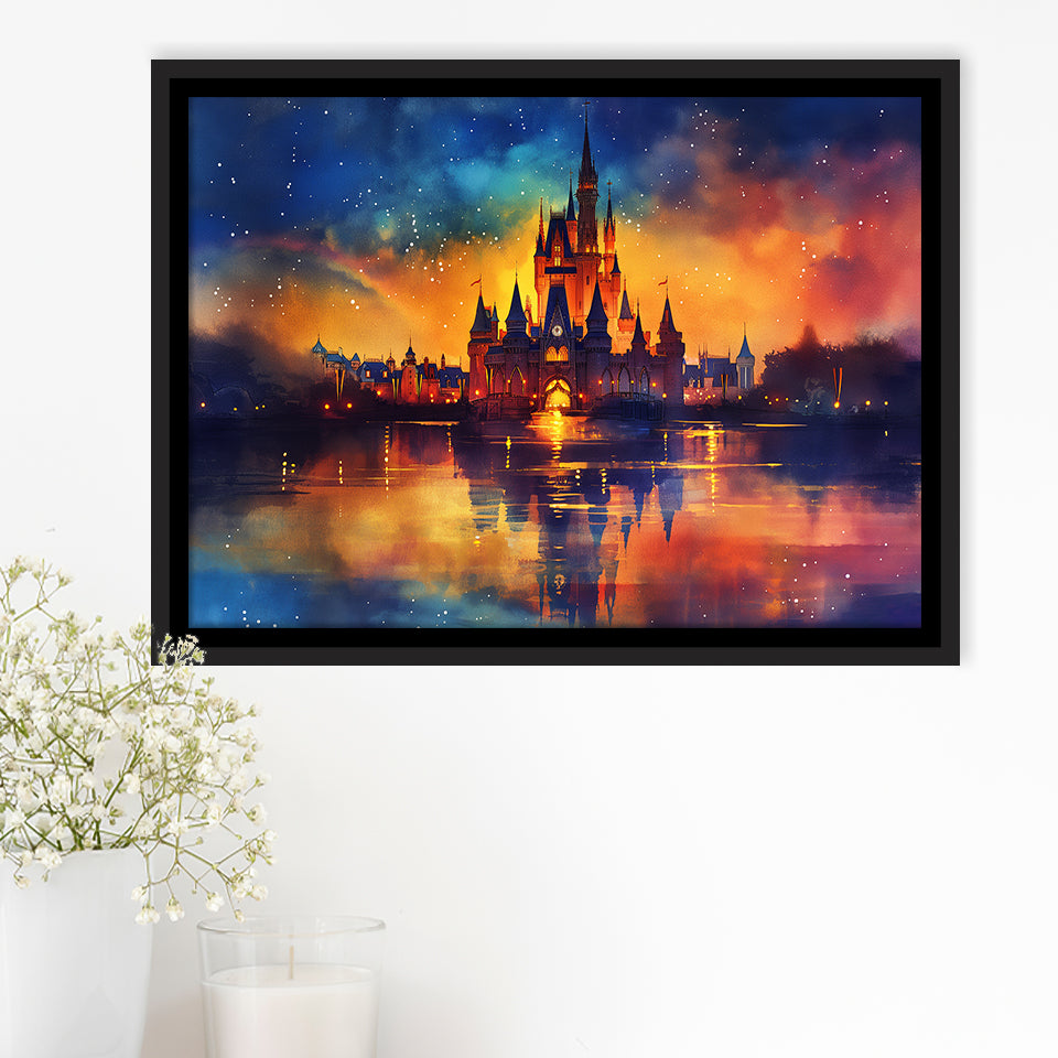 Cinderella Castle Mixed Color Watercolor, Floating Frame, Framed Canvas Print Wall Art Home Decor