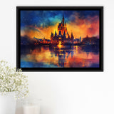 Cinderella Castle Mixed Color Watercolor, Floating Frame, Framed Canvas Print Wall Art Home Decor