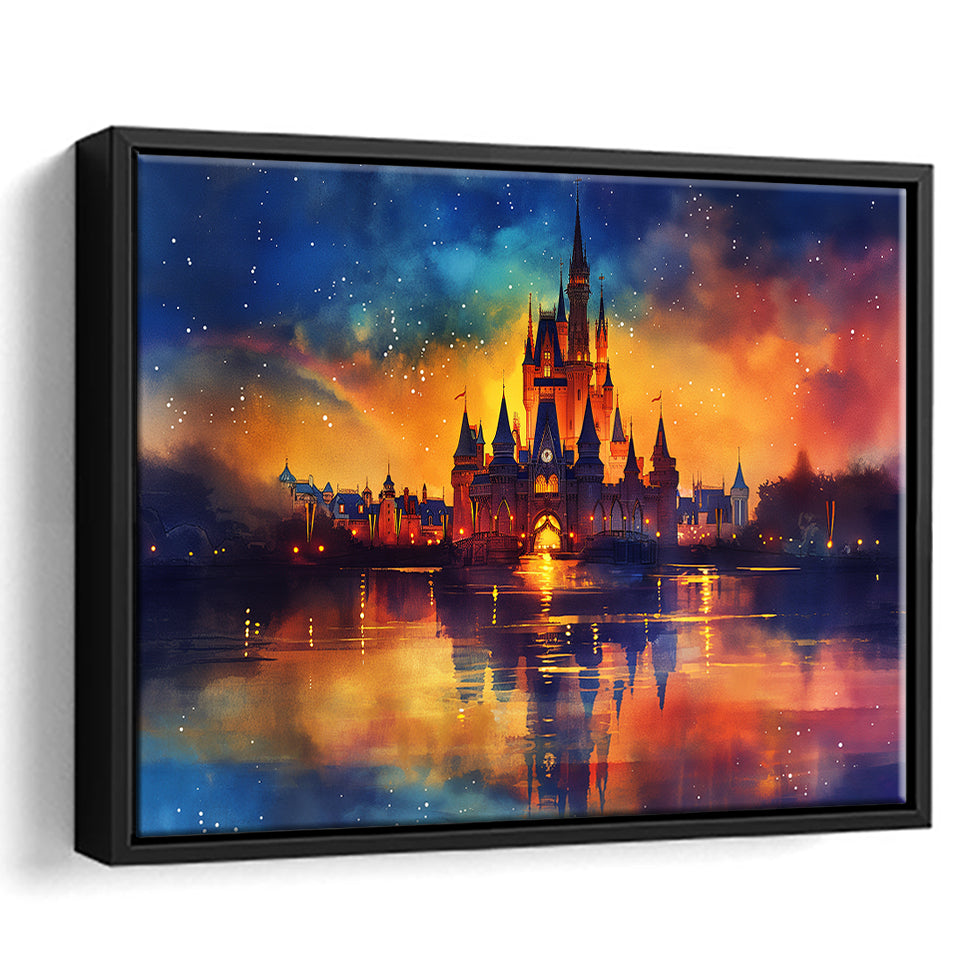 Cinderella Castle Mixed Color Watercolor, Floating Frame, Framed Canvas Print Wall Art Home Decor