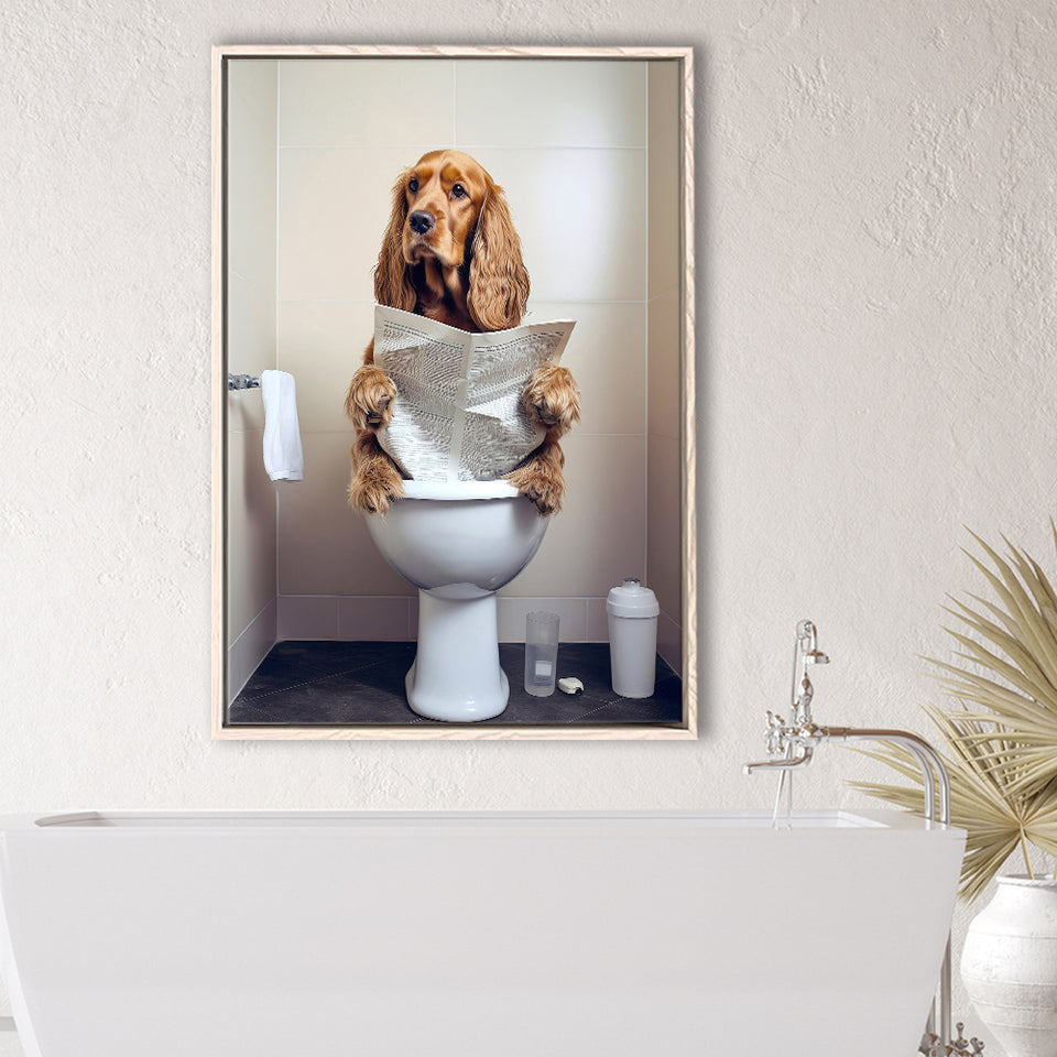 Cocker Spaniel Framed Canvas Prints Wall Art, Funny Bathroom Decor, Animal In Toilet