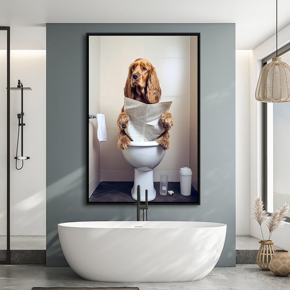 Cocker Spaniel Framed Canvas Prints Wall Art, Funny Bathroom Decor, Animal In Toilet