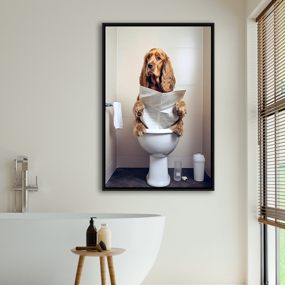 Cocker Spaniel Framed Canvas Prints Wall Art, Funny Bathroom Decor, Animal In Toilet