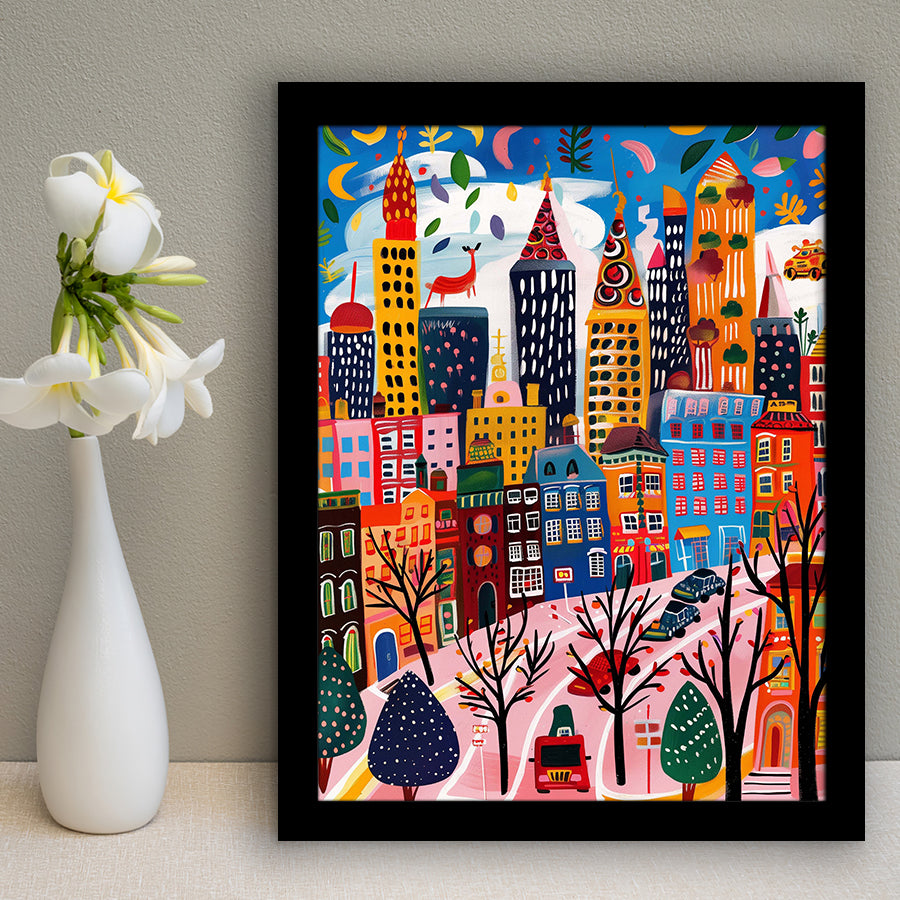 Colorful Cityscape Illustration, Urban Whimsy Art Print, Quirky Skyscrapers, Framed Art Print, Fine Art Wall Decor
