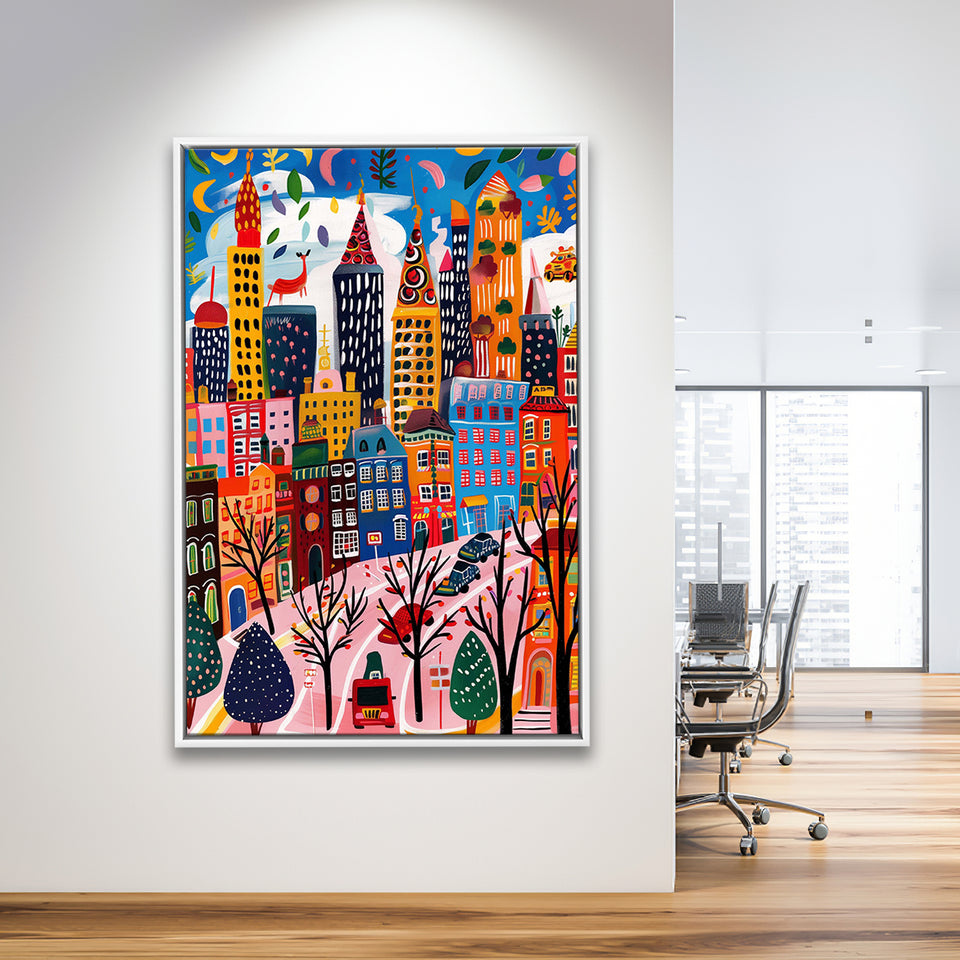 Colorful Cityscape Illustration, Urban Whimsy Art Print, Quirky Skyscrapers, Framed Canvas Print, Floating Frame