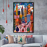 Colorful Cityscape Illustration, Urban Whimsy Art Print, Quirky Skyscrapers, Framed Art Print, Fine Art Wall Decor