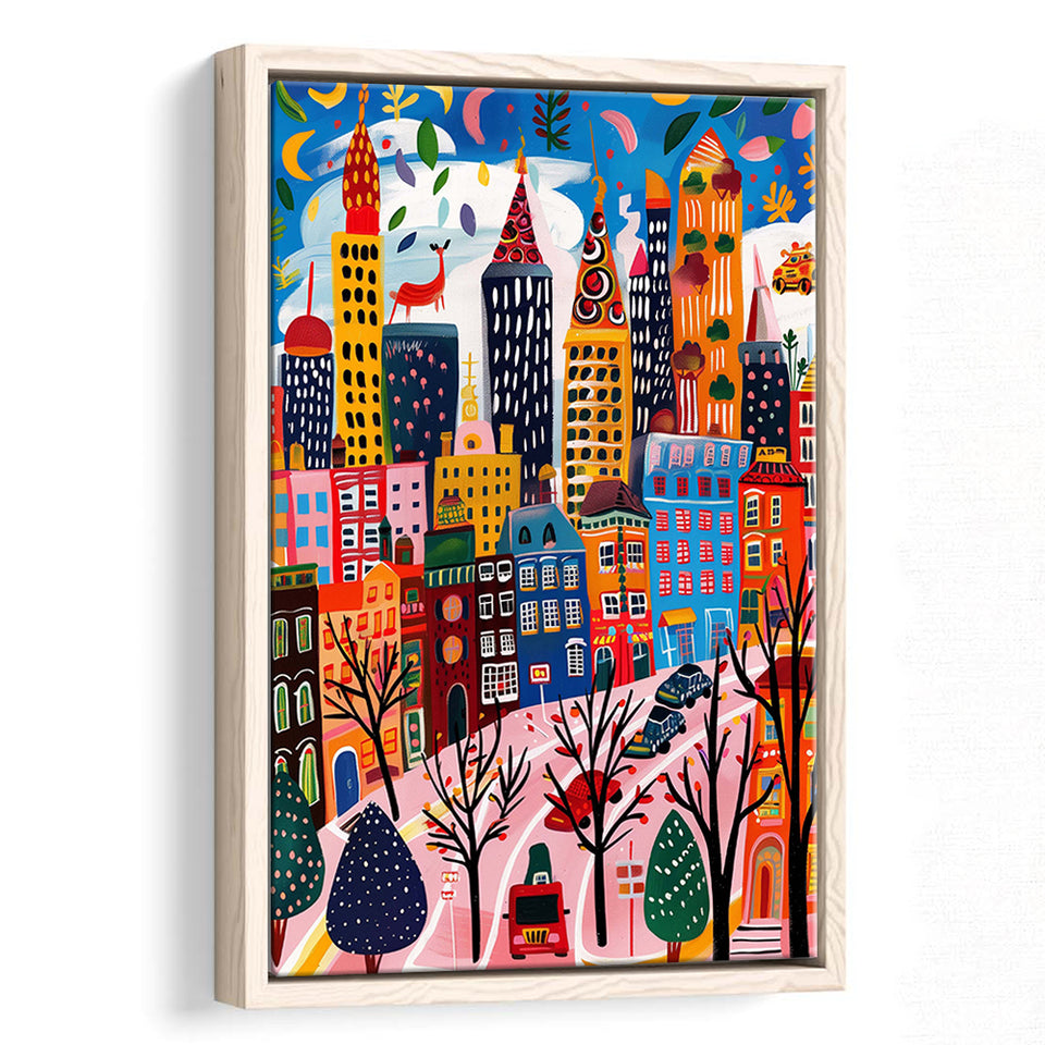 Colorful Cityscape Illustration, Urban Whimsy Art Print, Quirky Skyscrapers, Framed Canvas Print, Floating Frame