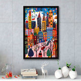 Colorful Cityscape Illustration, Urban Whimsy Art Print, Quirky Skyscrapers, Framed Canvas Print, Floating Frame