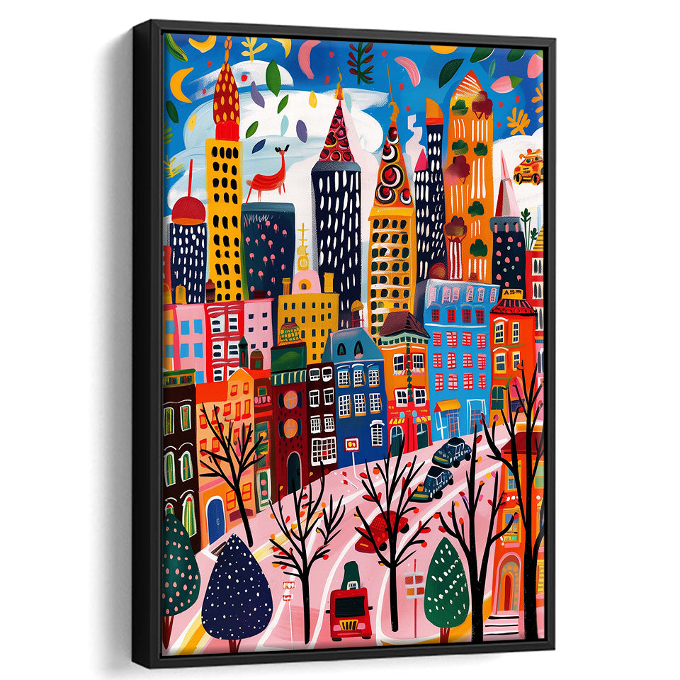Colorful Cityscape Illustration, Urban Whimsy Art Print, Quirky Skyscrapers, Framed Canvas Print, Floating Frame