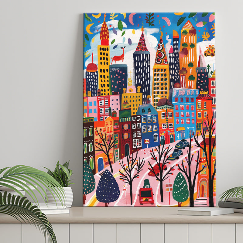 Colorful Cityscape Illustration, Urban Whimsy Art Print, Quirky Skyscrapers, Canvas Print Wall Art, Wall Decor