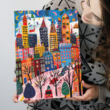 Colorful Cityscape Illustration, Urban Whimsy Art Print, Quirky Skyscrapers, Canvas Print Wall Art, Wall Decor