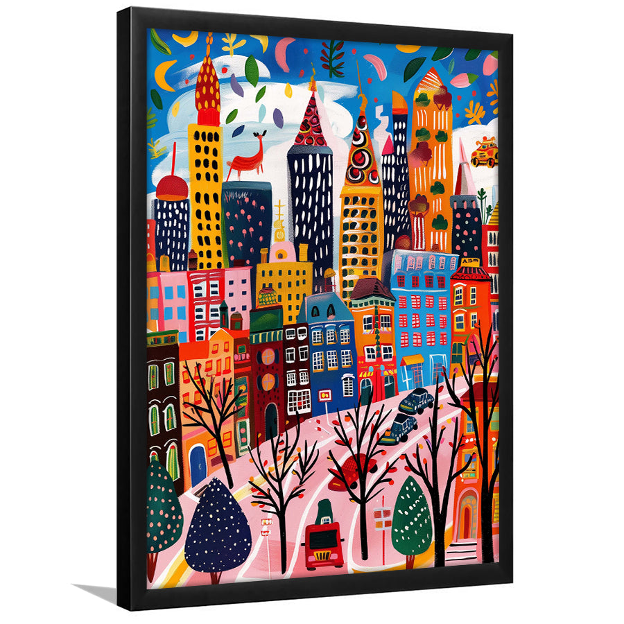 Colorful Cityscape Illustration, Urban Whimsy Art Print, Quirky Skyscrapers, Framed Art Print, Fine Art Wall Decor
