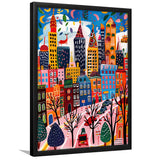 Colorful Cityscape Illustration, Urban Whimsy Art Print, Quirky Skyscrapers, Framed Art Print, Fine Art Wall Decor