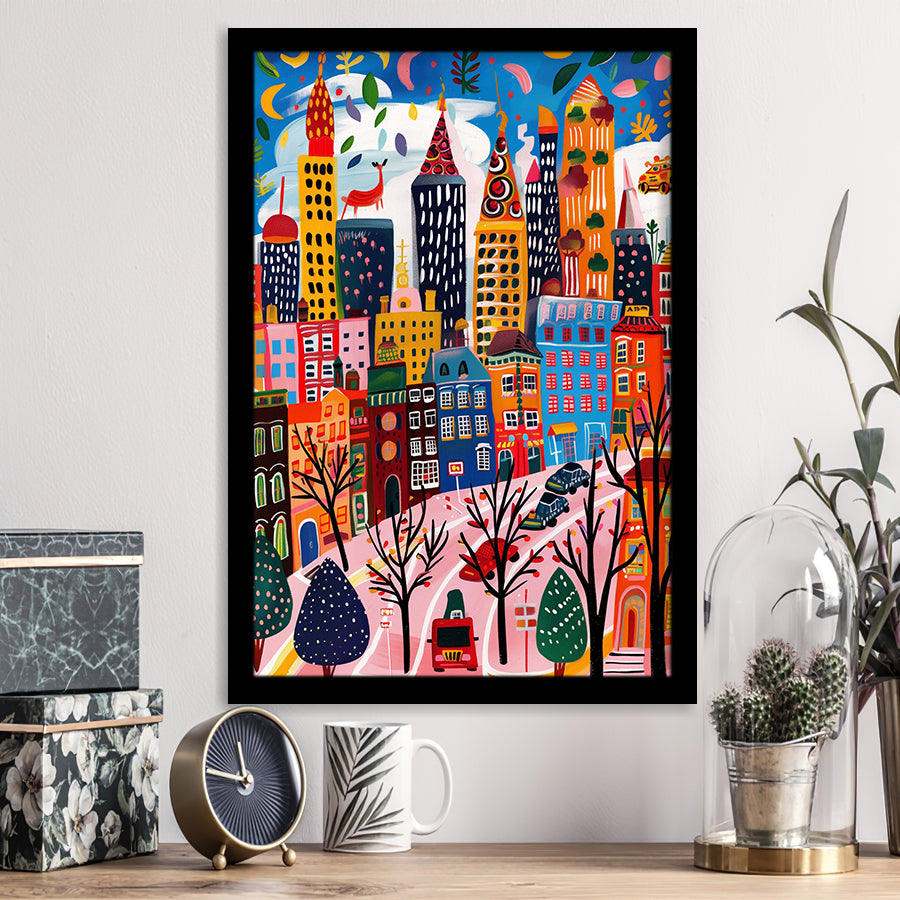 Colorful Cityscape Illustration, Urban Whimsy Art Print, Quirky Skyscrapers, Framed Art Print, Fine Art Wall Decor