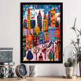 Colorful Cityscape Illustration, Urban Whimsy Art Print, Quirky Skyscrapers, Framed Art Print, Fine Art Wall Decor