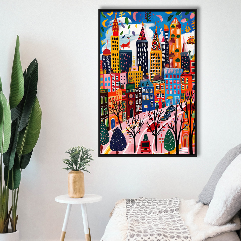 Colorful Cityscape Illustration, Urban Whimsy Art Print, Quirky Skyscrapers, Framed Canvas Print, Floating Frame