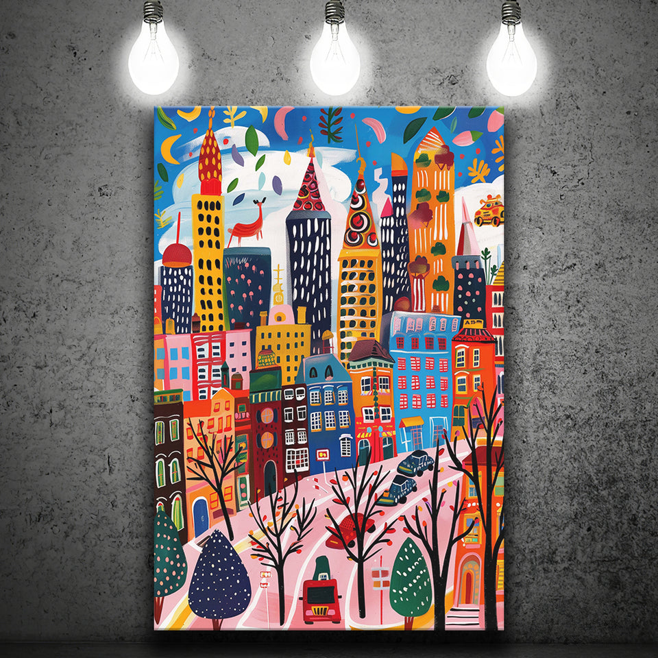 Colorful Cityscape Illustration, Urban Whimsy Art Print, Quirky Skyscrapers, Canvas Print Wall Art, Wall Decor