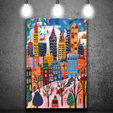 Colorful Cityscape Illustration, Urban Whimsy Art Print, Quirky Skyscrapers, Canvas Print Wall Art, Wall Decor