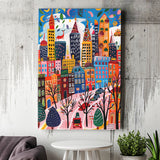 Colorful Cityscape Illustration, Urban Whimsy Art Print, Quirky Skyscrapers, Canvas Print Wall Art, Wall Decor