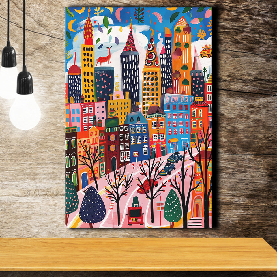 Colorful Cityscape Illustration, Urban Whimsy Art Print, Quirky Skyscrapers, Canvas Print Wall Art, Wall Decor