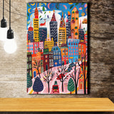 Colorful Cityscape Illustration, Urban Whimsy Art Print, Quirky Skyscrapers, Canvas Print Wall Art, Wall Decor