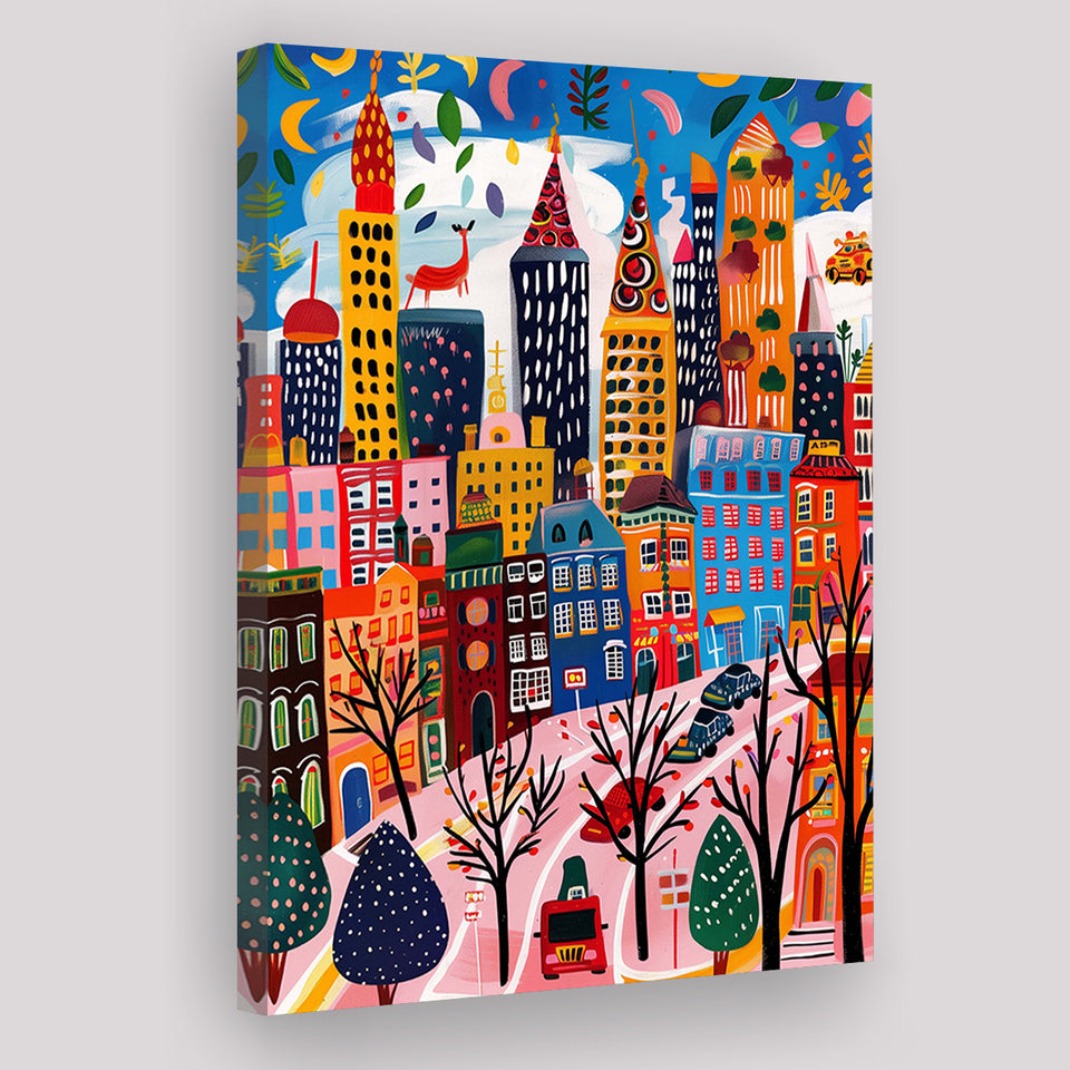 Colorful Cityscape Illustration, Urban Whimsy Art Print, Quirky Skyscrapers, Canvas Print Wall Art, Wall Decor