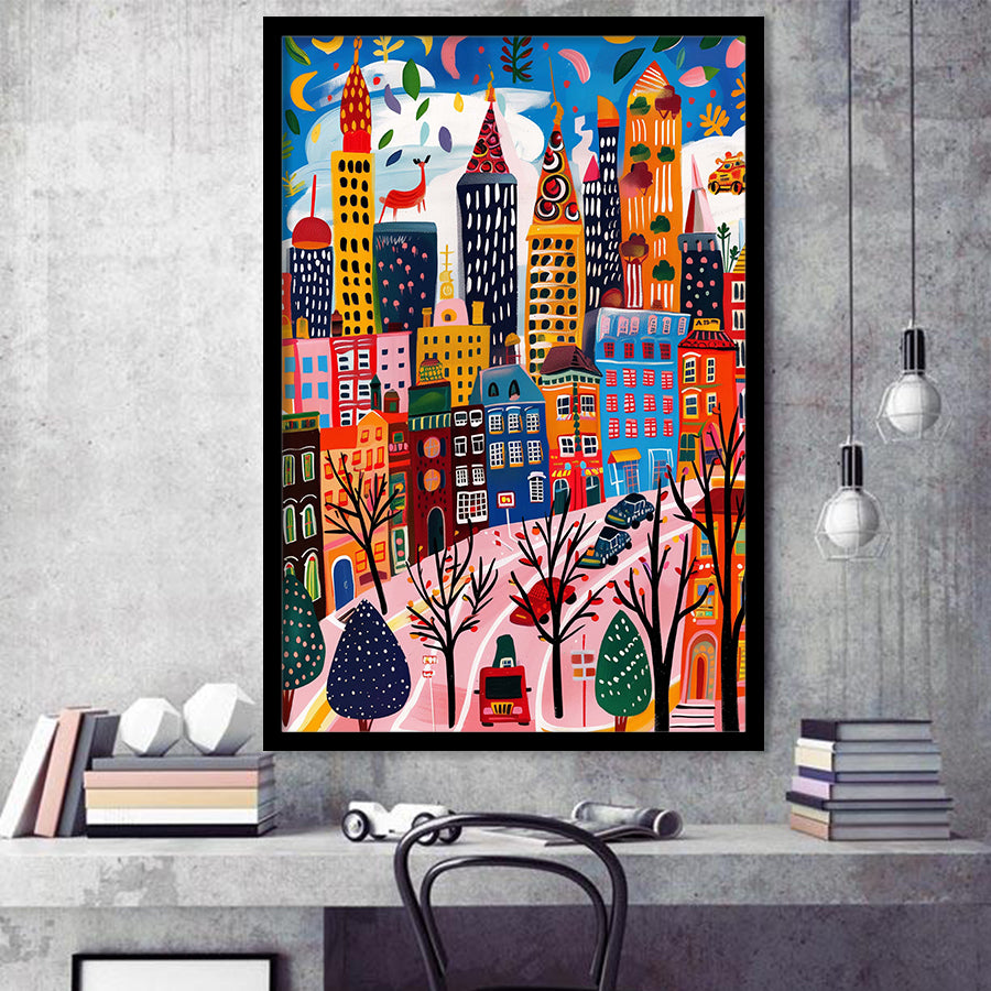 Colorful Cityscape Illustration, Urban Whimsy Art Print, Quirky Skyscrapers, Framed Art Print, Fine Art Wall Decor