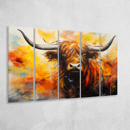 Colorful Highland Cow Long Horn Oil Painting, 5 Panels Extra Large Canvas, Canvas Prints Wall Art Decor