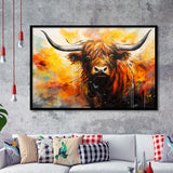 Colorful Highland Cow Long Horn Oil Painting, Framed Art Print Wall Decor, Framed Picture