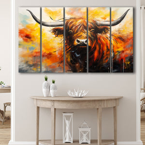 Colorful Highland Cow Long Horn Oil Painting, 5 Panels Extra Large Canvas, Canvas Prints Wall Art Decor