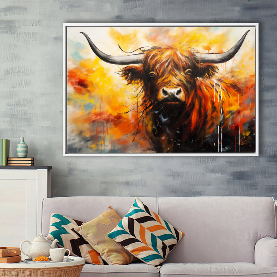 Colorful Highland Cow Long Horn Oil Painting, Framed Canvas Painting, Framed Canvas Prints Wall Art Decor